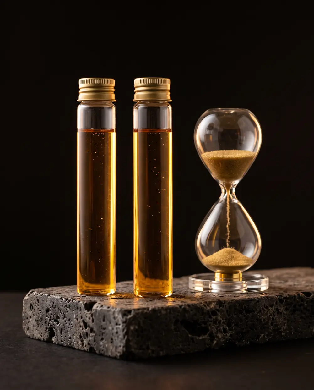 Frascos de vidro com líquido dourado e ampulheta de cristal sobre pedra escura