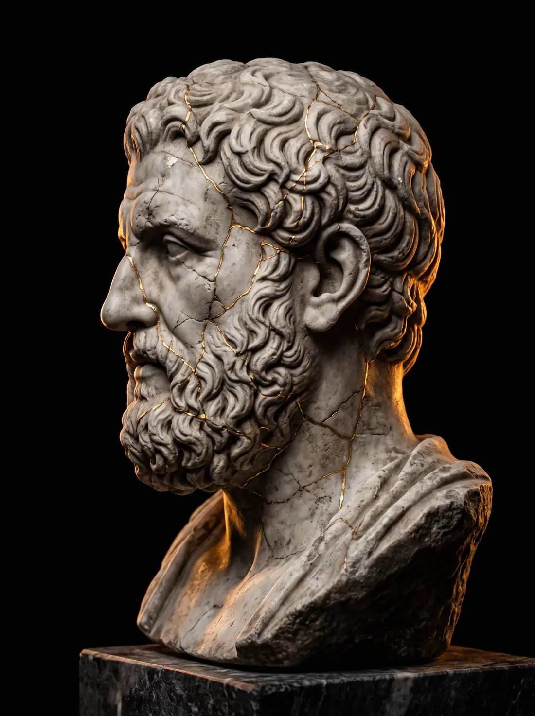 Busto grego de mármore em perfil com rachaduras restauradas em ouro