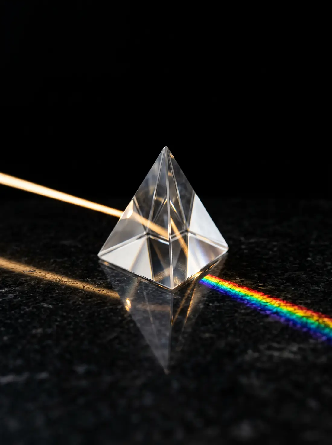 Prisma de cristal refratando um feixe de luz dourada